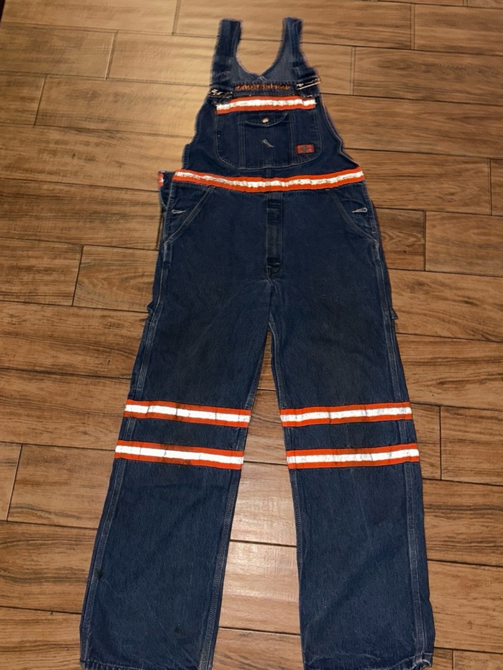 Dickies Navy Denim Overalls with Orange & White Reflective Stripes
